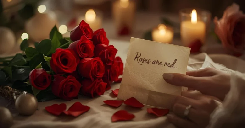 A romantic scene with red roses and a handwritten love note starting with “Roses are red,” symbolizing romantic pickup lines