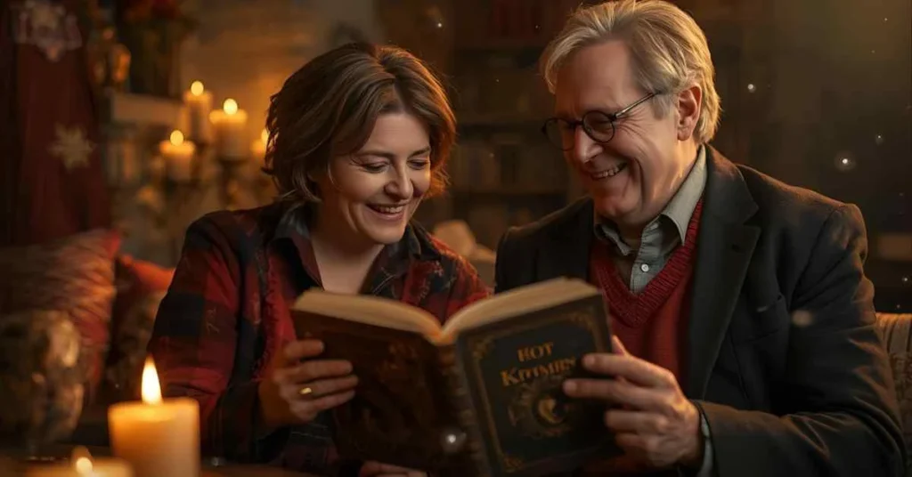 A natural and realistic wizard-themed scene with two adults laughing while reading a magical joke book in a cozy, fantasy-inspired room.