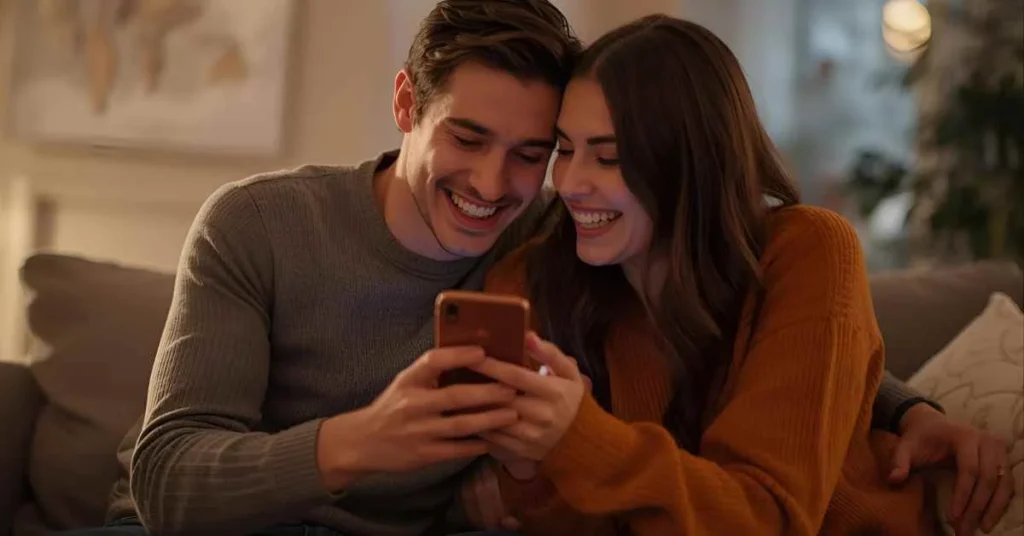 Flirty couple sitting close on a couch, laughing together while looking at a phone, creating a playful and intimate atmosphere.
