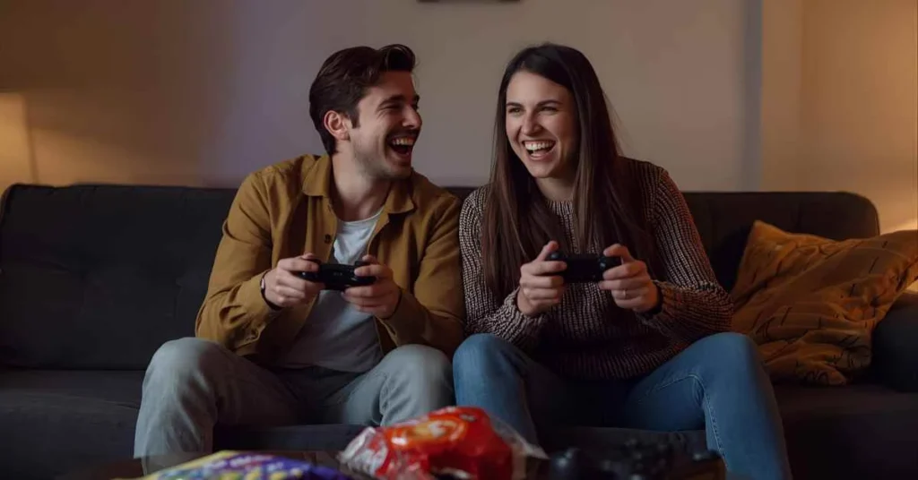 Two friends laughing and playing Valorant together on a couch, showing a playful and wholesome gaming moment.