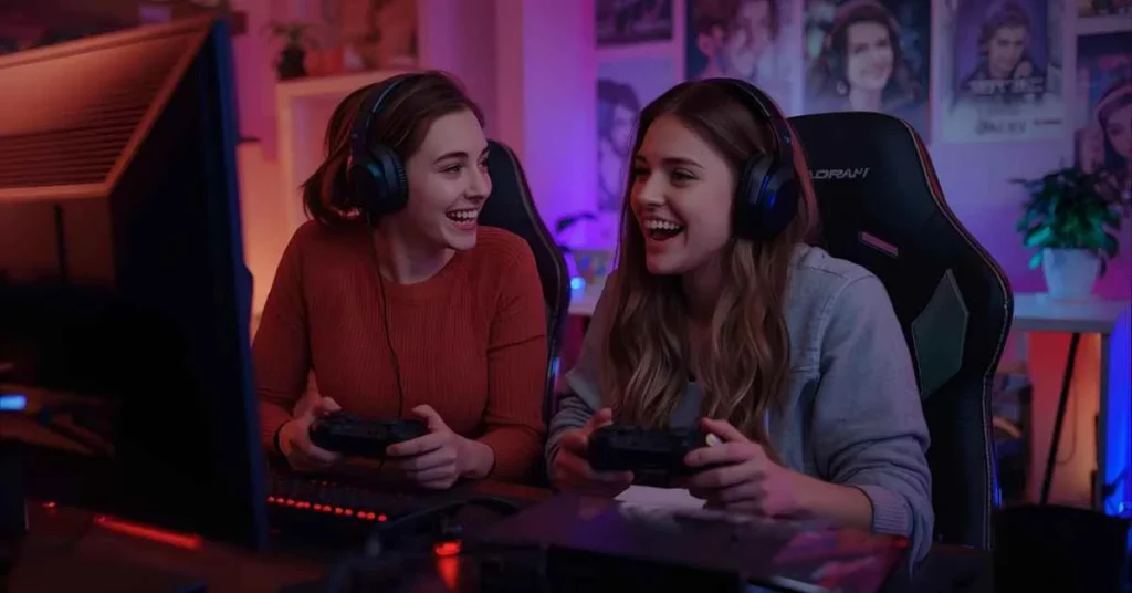 Two gamers laughing and playing Valorant together in a cozy gaming room with LED lights, showing playful chemistry and flirty interaction.