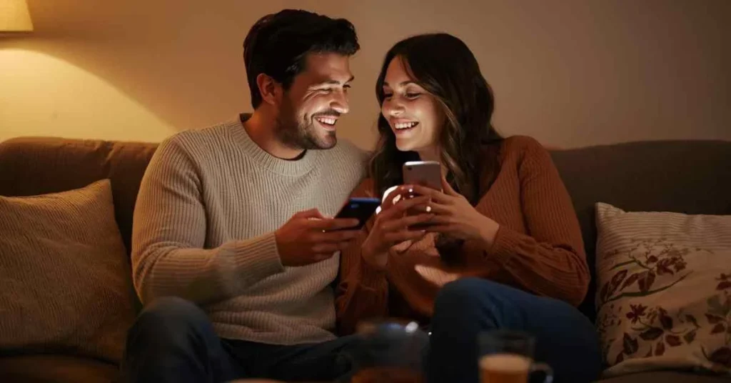 Romantic couple texting each other on smartphones, smiling and enjoying a warm, intimate moment at home.