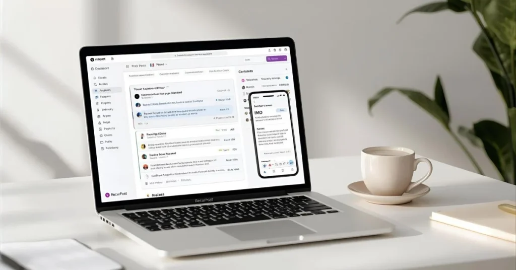 A realistic digital workspace showing RecurPost dashboard with a text containing IMO, illustrating the meaning of IMO in social media posts and scheduling.