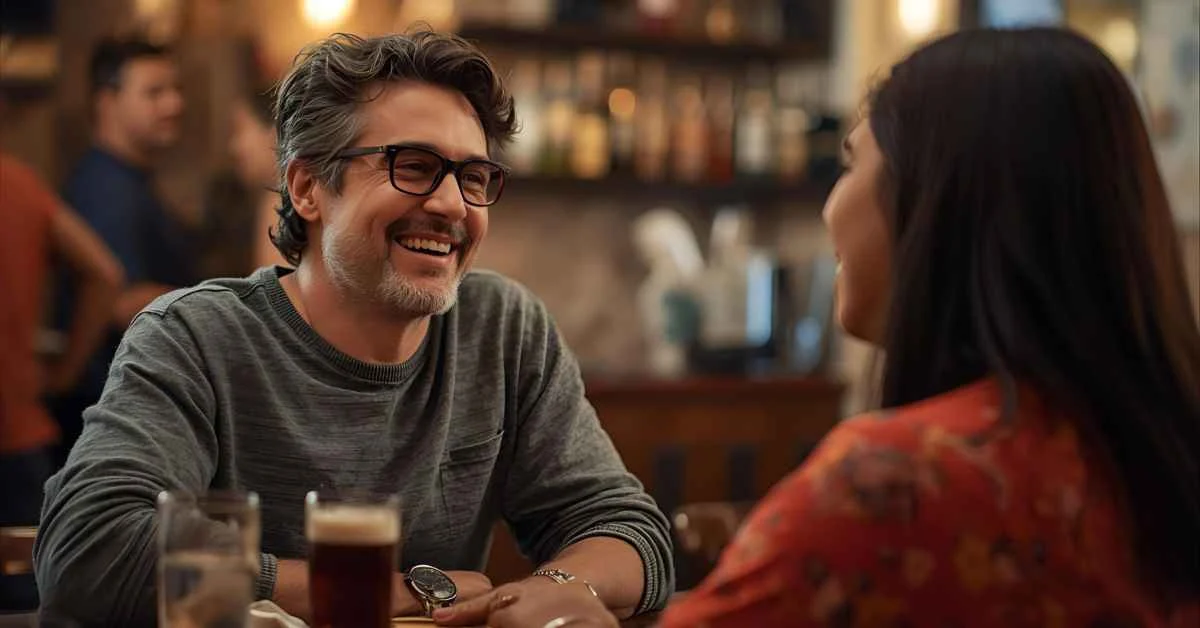 Confident 40-year-old man smiling while using funny pick up lines in a cozy bar setting
