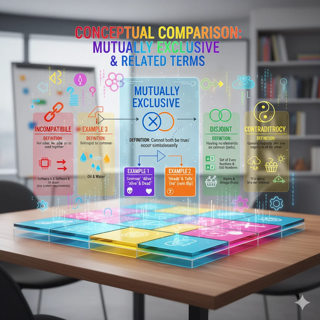 Comparison table of mutually exclusive and related phrases.