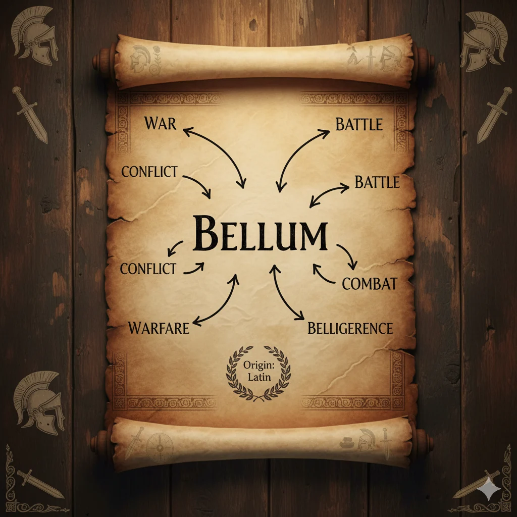 Latin root bellum displayed on parchment with derived English words.