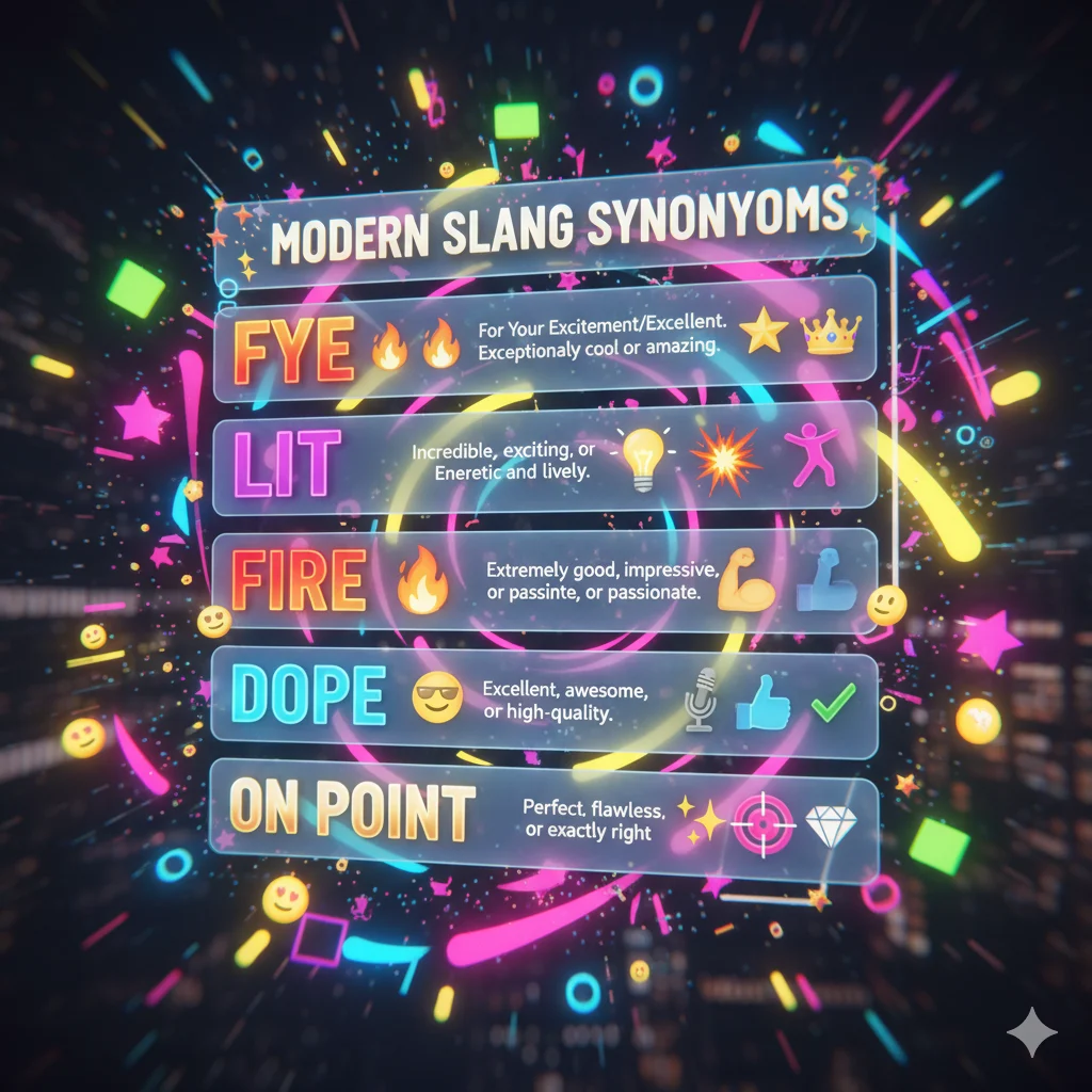 FYE and similar slang terms illustration showing Lit, Fire, Dope, and On Point with emojis