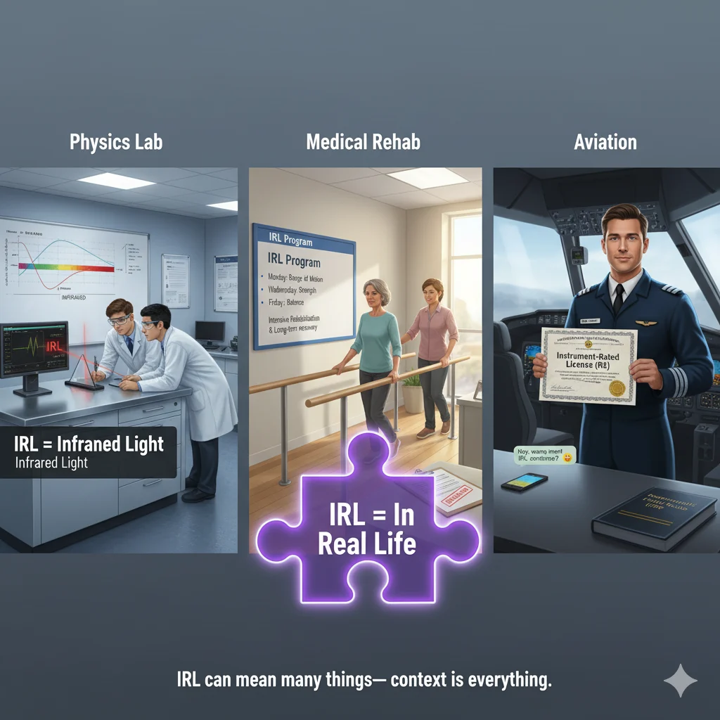 Visual showing technical meanings of IRL in physics, medical, and aviation contexts.