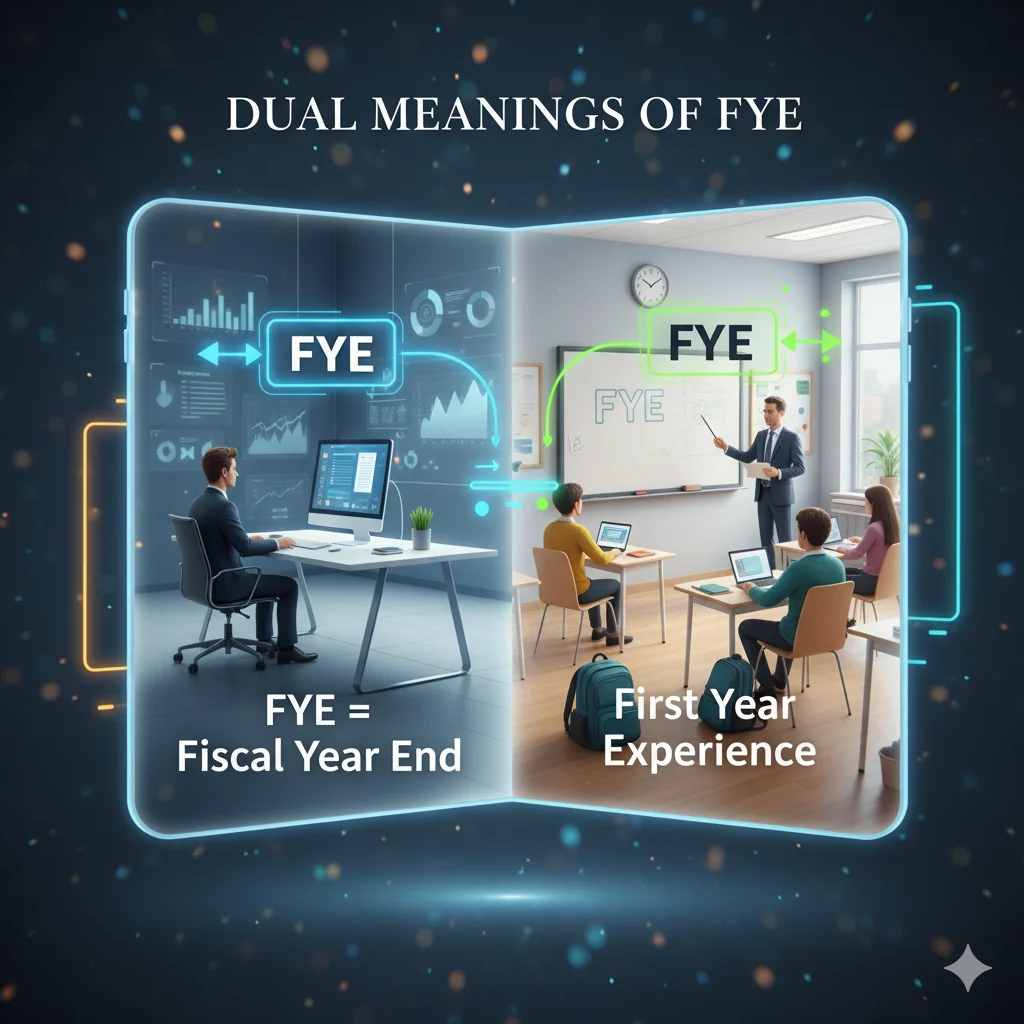 FYE meaning in professional fields illustration showing Fiscal Year End and First Year Experience