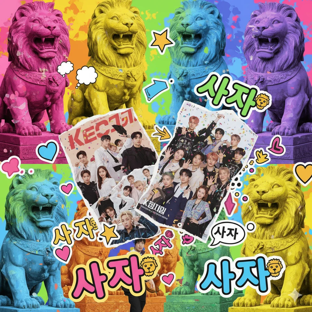 Collage showing cultural and modern media relevance of Saja in Korea