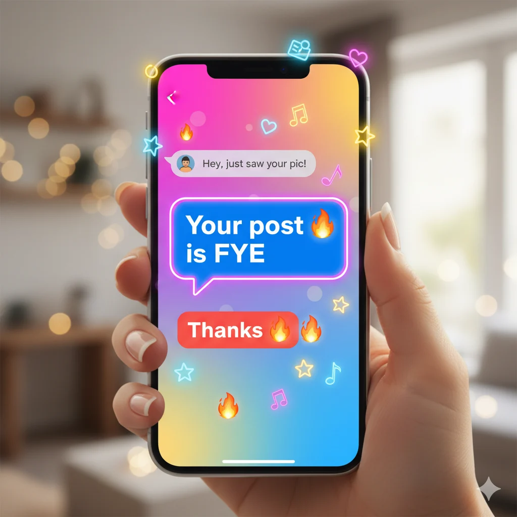 How to respond to FYE illustration showing chat message with FYE and reply with fire emojis