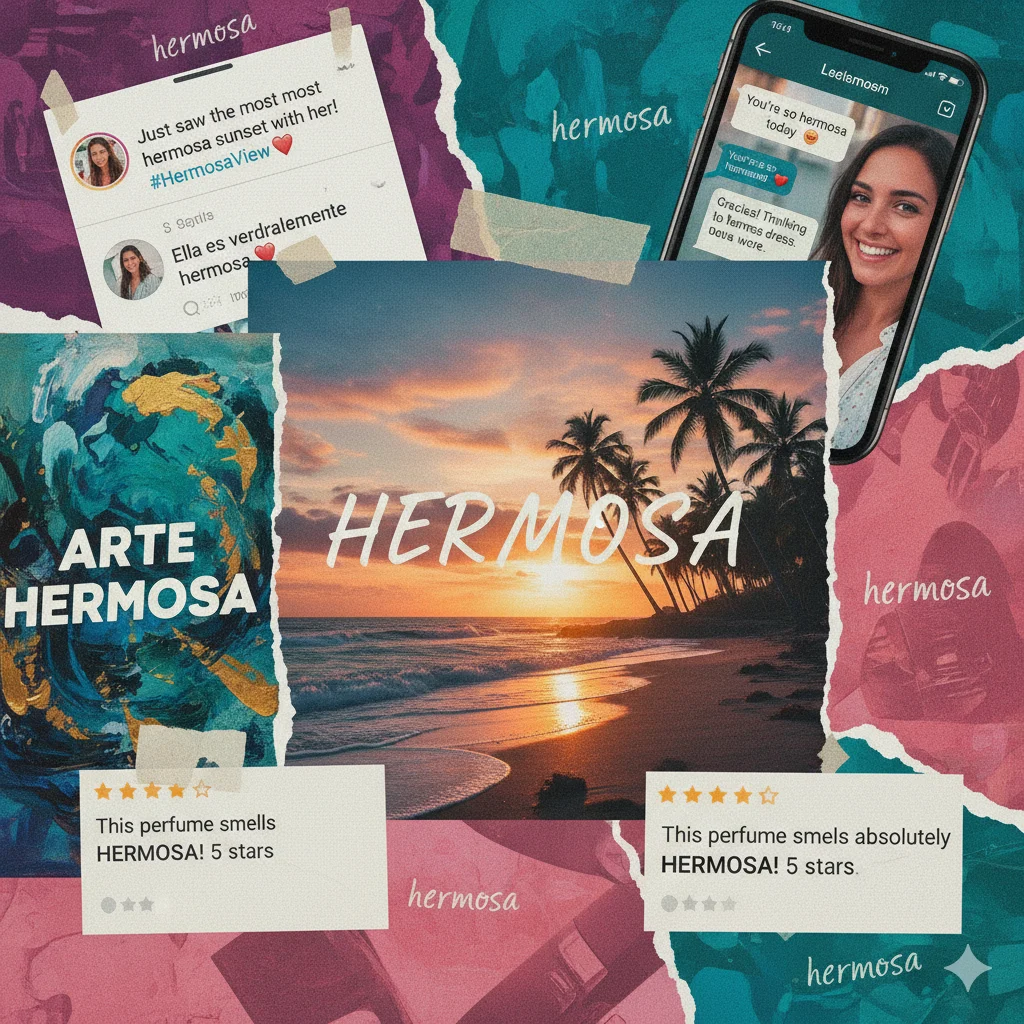 Collage illustrating different contexts where the word hermosa is used, including messages, scenery, and art.
