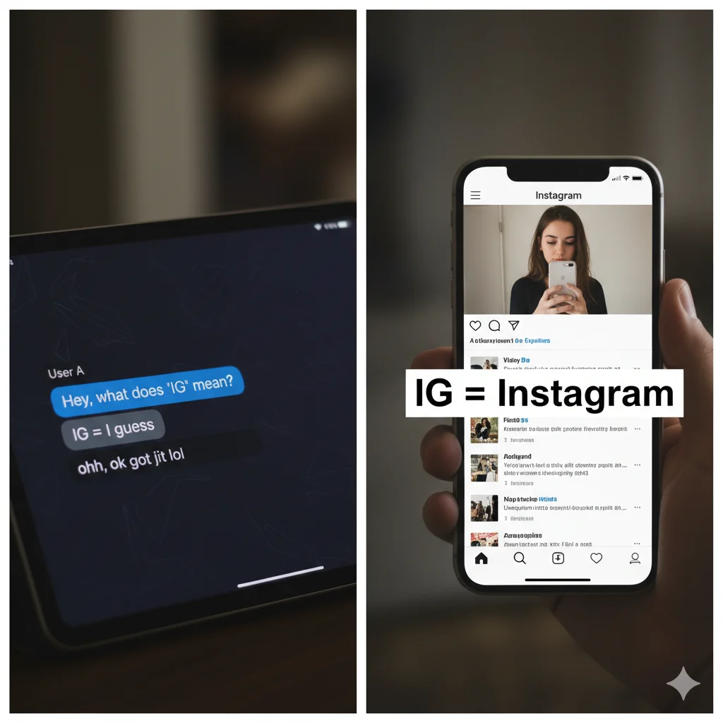 Comparison of IG meaning in text (‘I guess’) and Instagram on social media.