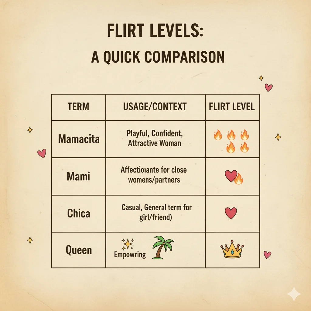 Comparison of Mamacita with similar slang terms and their flirt levels.