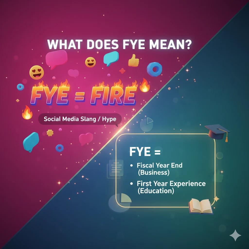 FYE meaning and definition infographic showing both slang and professional usage