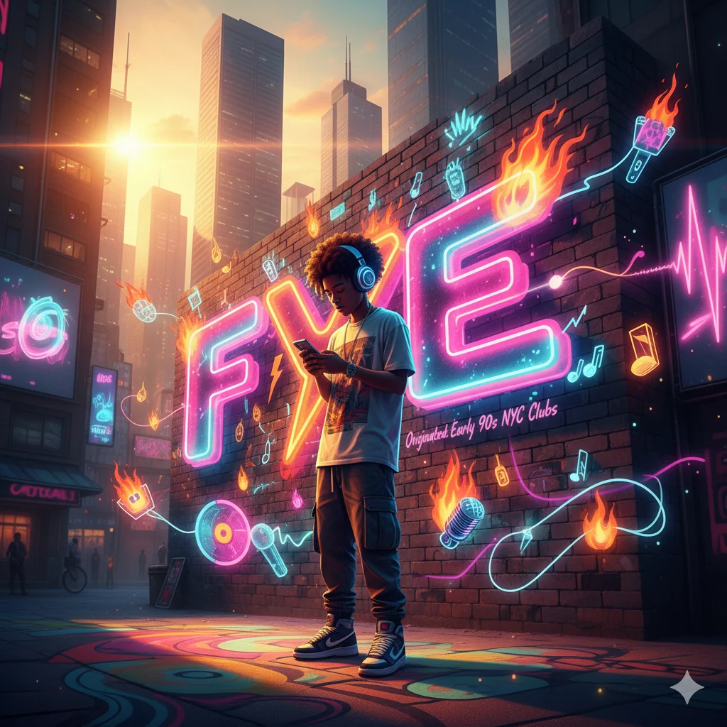 Origin of FYE slang illustration, young person listening to music with FYE graffiti in background