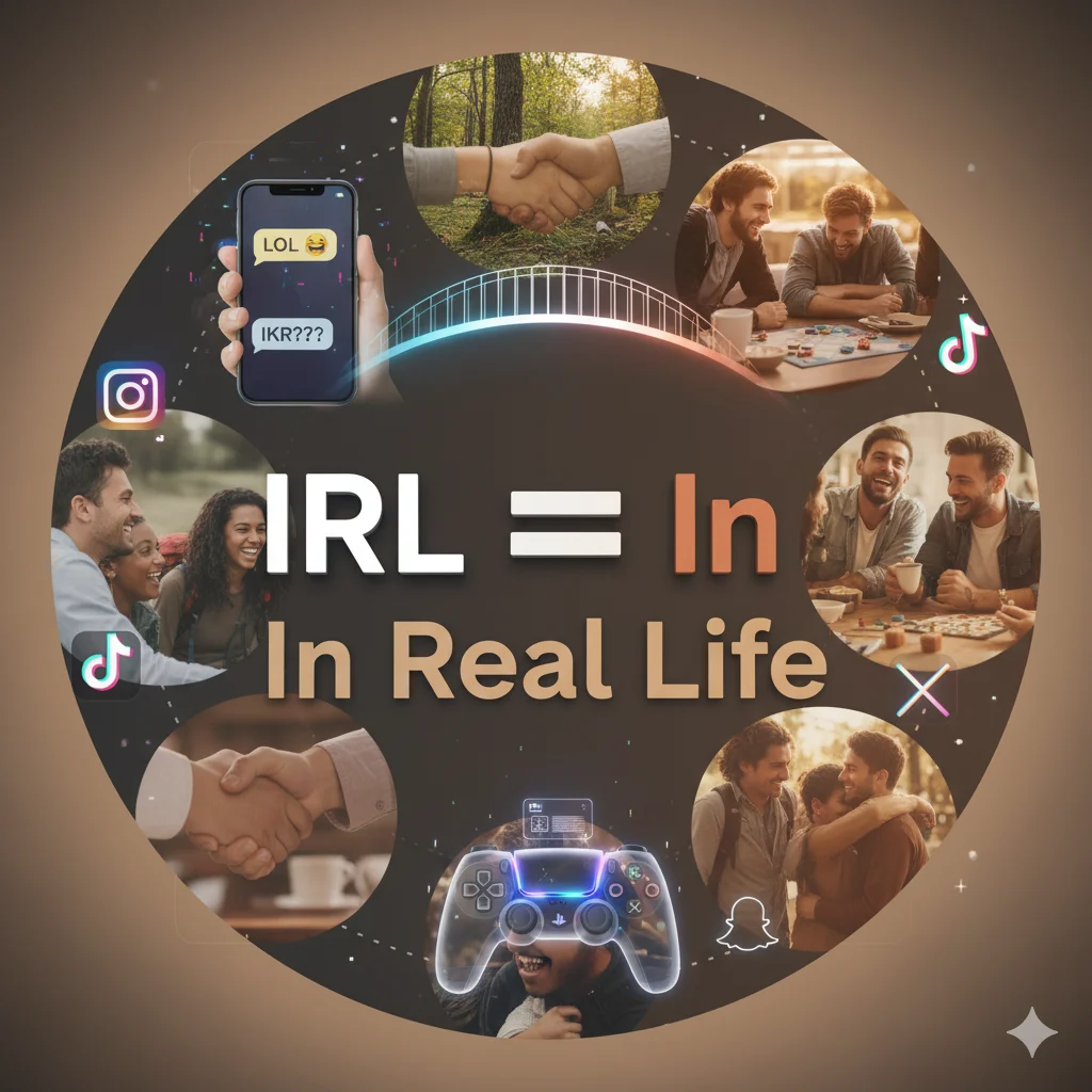 Illustration explaining IRL meaning and common real-life examples in text, chat, and social media.