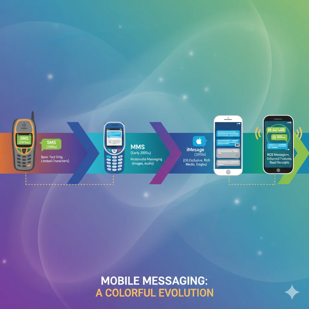 Timeline of SMS history from early cell phones to smartphones.