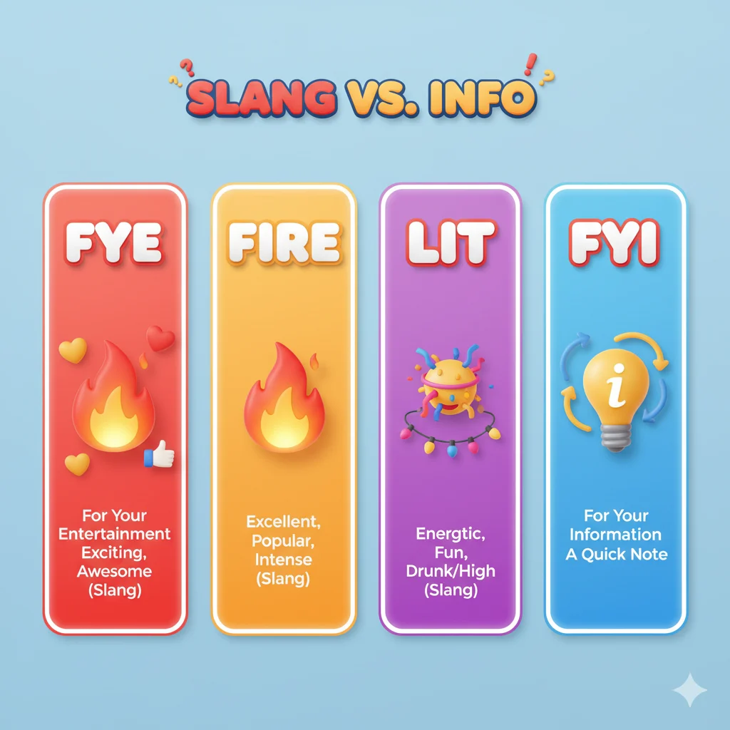 Differences between FYE, Fire, Lit, and FYI infographic illustration