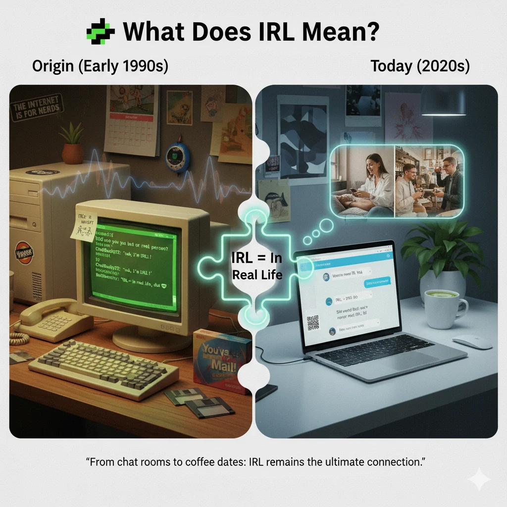 Visual showing the origin of IRL slang from early internet chatrooms to modern digital platforms.