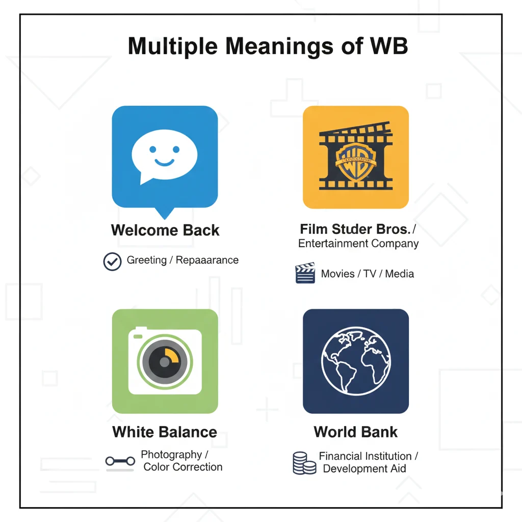 Different meanings of WB: Welcome Back, Warner Bros, White Balance, World Bank