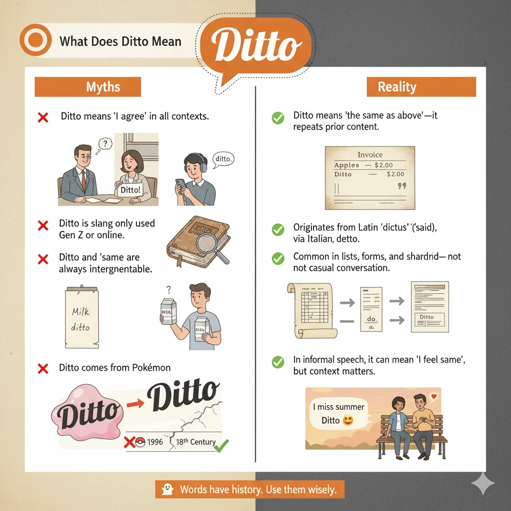 Graphic clarifying myths versus reality about the meaning and usage of Ditto.
