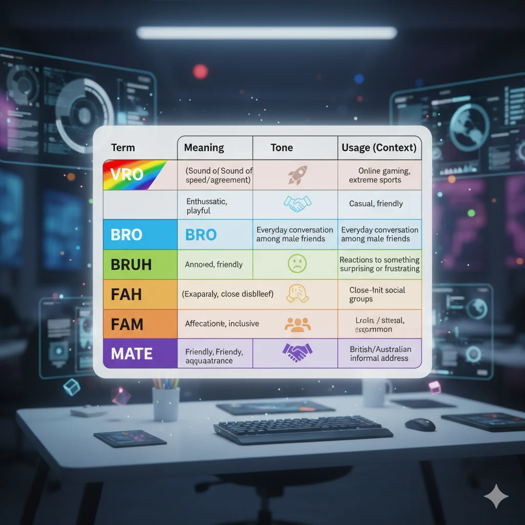 Comparison of VRO with similar slang terms showing differences in usage and tone