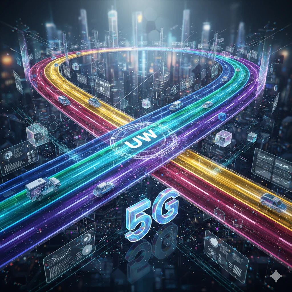 5G UW Ultra Wideband network concept showing gigabit-speed data lanes