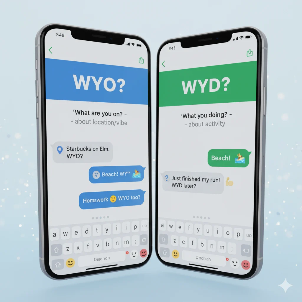 Comparison of “WYO?” versus “WYD?” in chat messages, clarifying common misunderstandings between texting abbreviations.