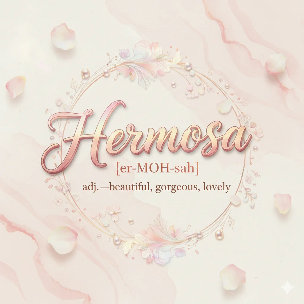 Dictionary-style image showing the definition and translations of hermosa.