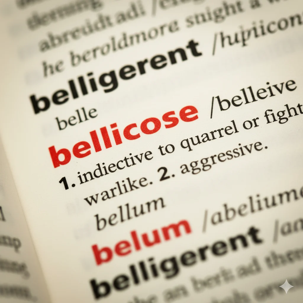 Dictionary entry of bellicose highlighting the bel root.