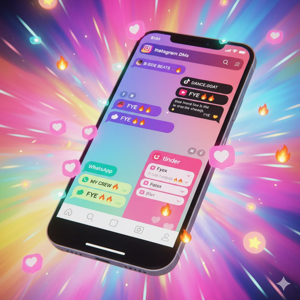 FYE meaning in chat and social media illustration showing TikTok, Instagram, WhatsApp, and dating app messages