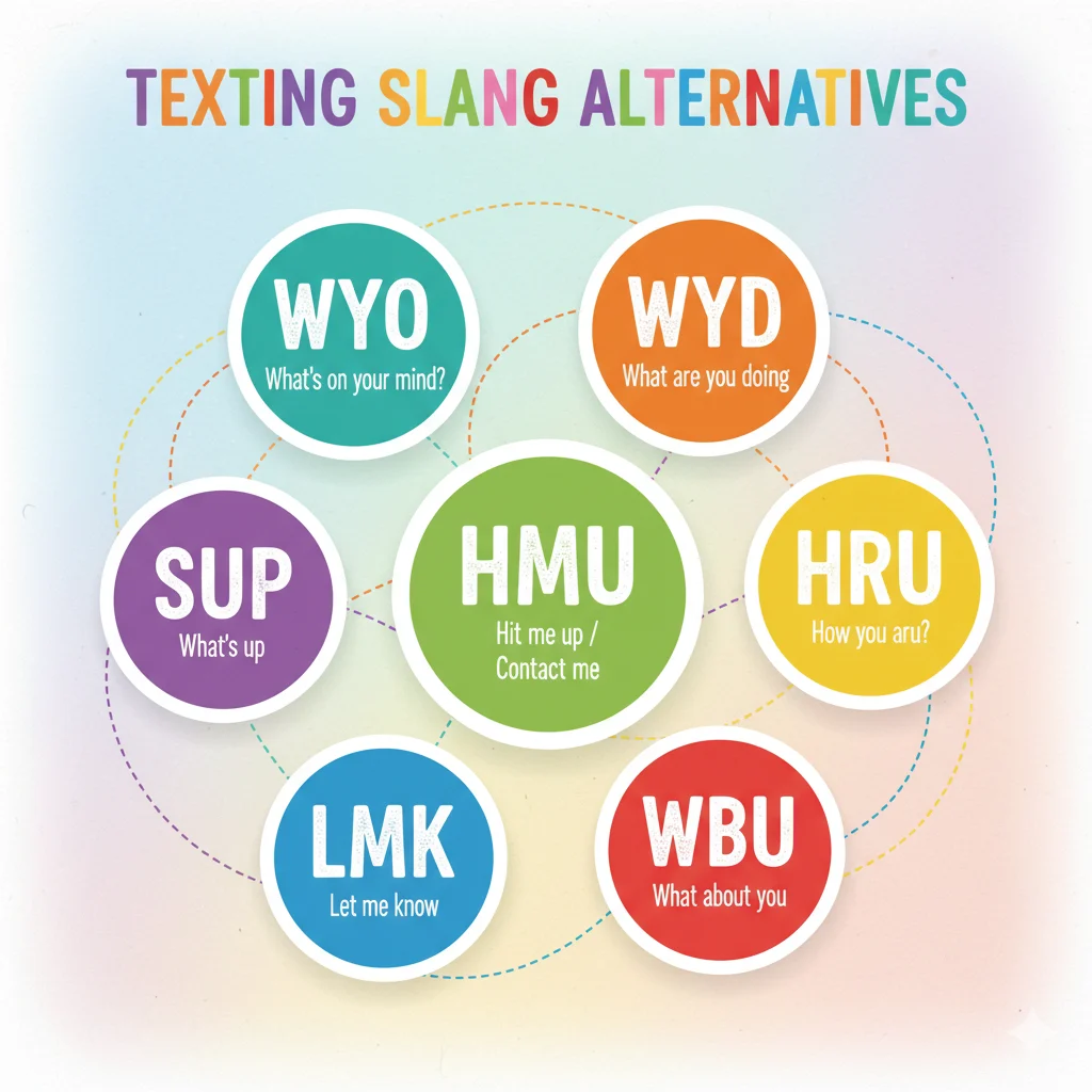 Chart displaying WYO and its texting alternatives like WYD, SUP, HMU, with meanings, for easy reference.