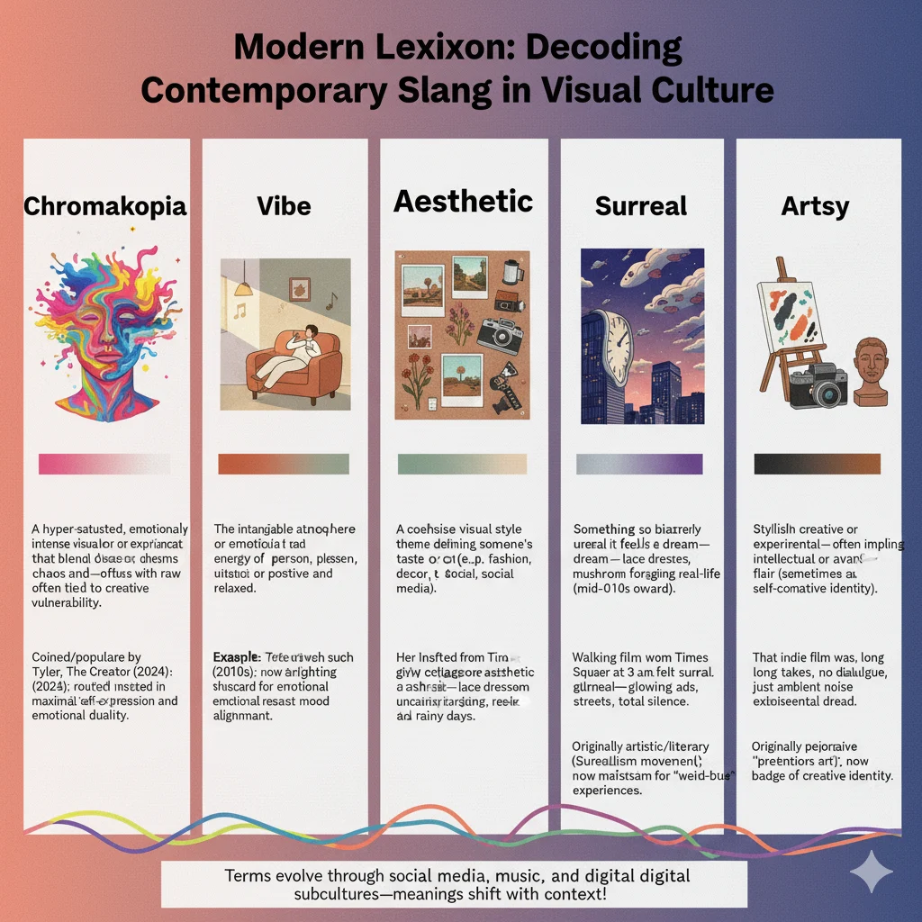 Infographic comparing Chromakopia with similar slang words like Vibe and Aesthetic, showing their meanings and when to use them.