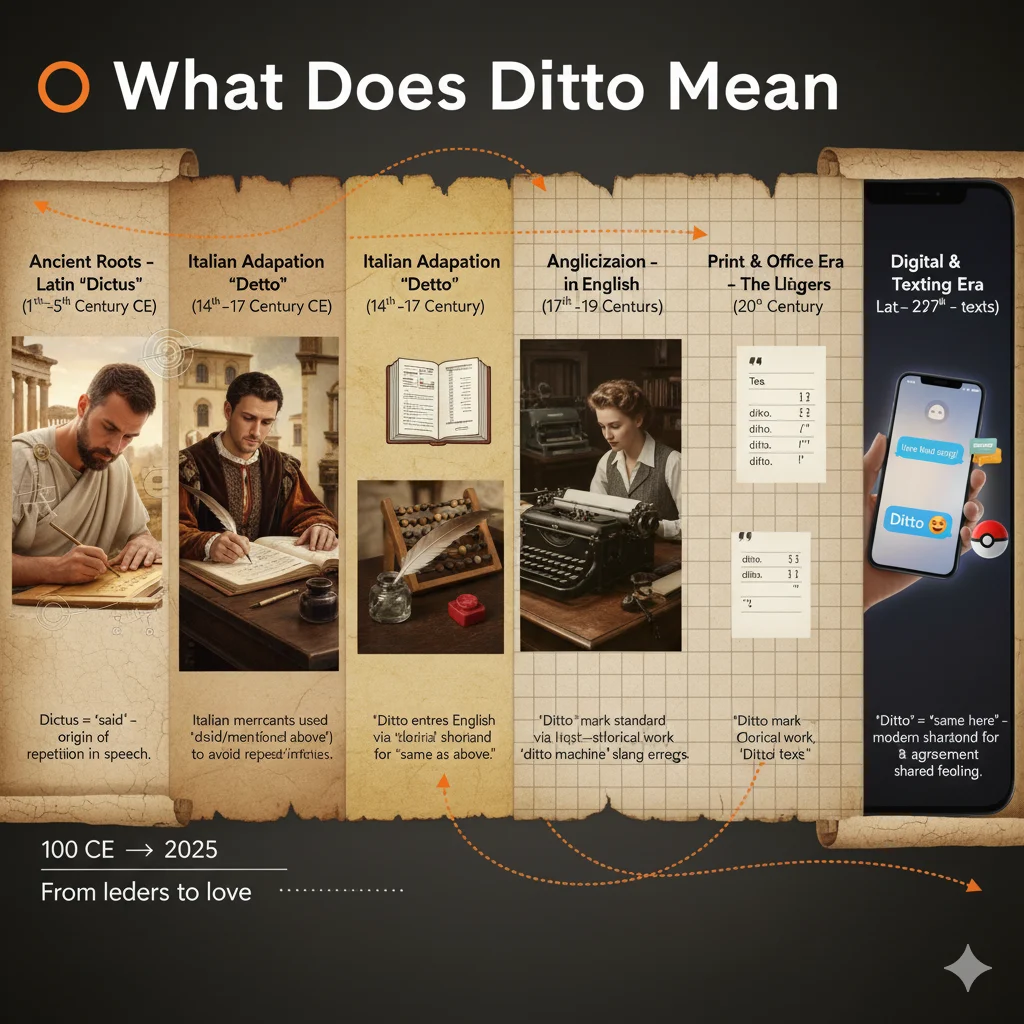 Timeline graphic showing the history and origin of the word Ditto.