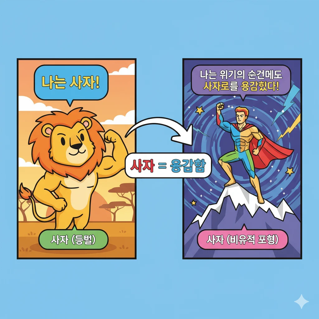 Illustration showing literal vs figurative uses of Saja in Korean