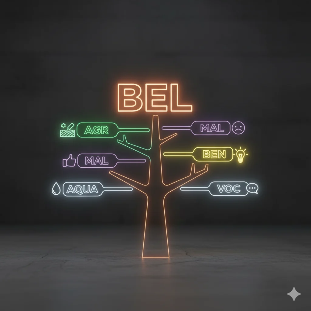 Word tree infographic showing bel and similar linguistic roots.