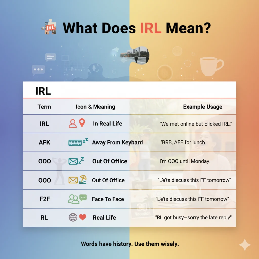 Comparison chart of similar terms to IRL, showing differences between online and offline abbreviations.