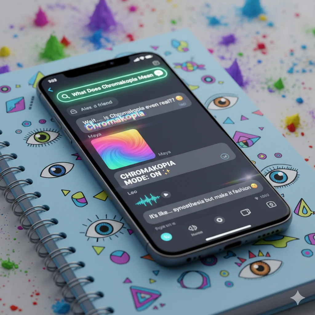 Mock chat screen showing friends using Chromakopia in casual conversation to describe colorful moods and creative vibes.