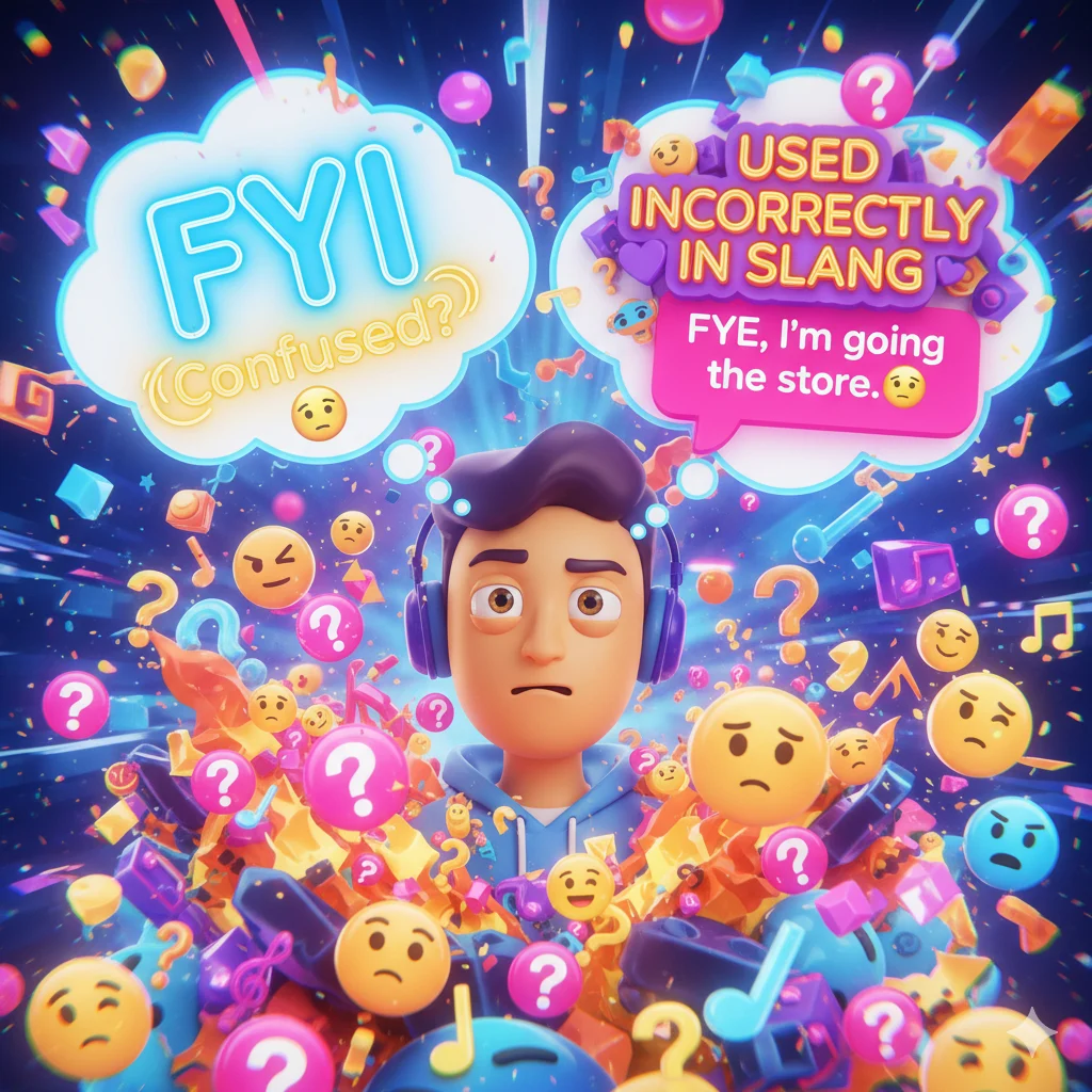 Common misconceptions about FYE illustration showing confusion with FYI and slang usage