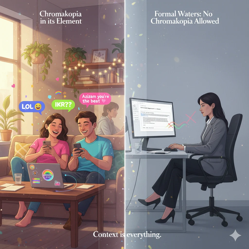 Comparison image showing appropriate creative use of Chromakopia versus inappropriate formal/professional use.