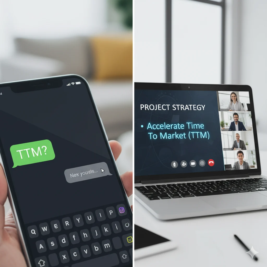 Split graphic showing TTM meaning in texting and business.