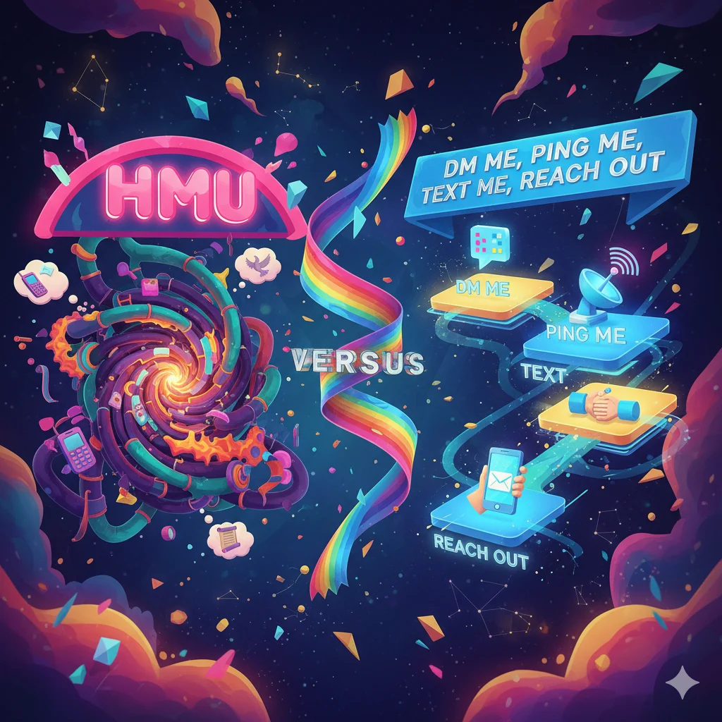 Comparison chart showing HMU vs similar terms like DM me, Ping me, and Text me.