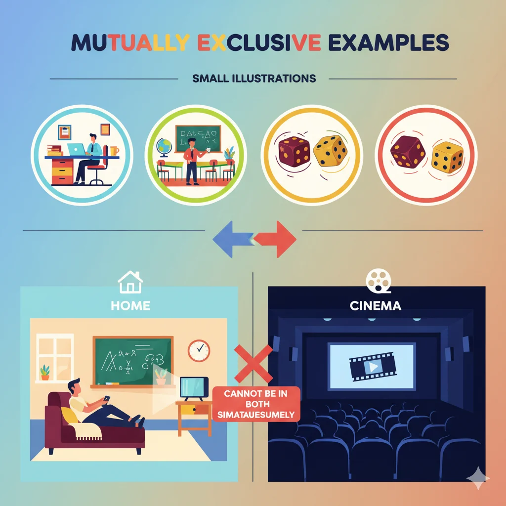 Everyday and academic examples of mutually exclusive events.