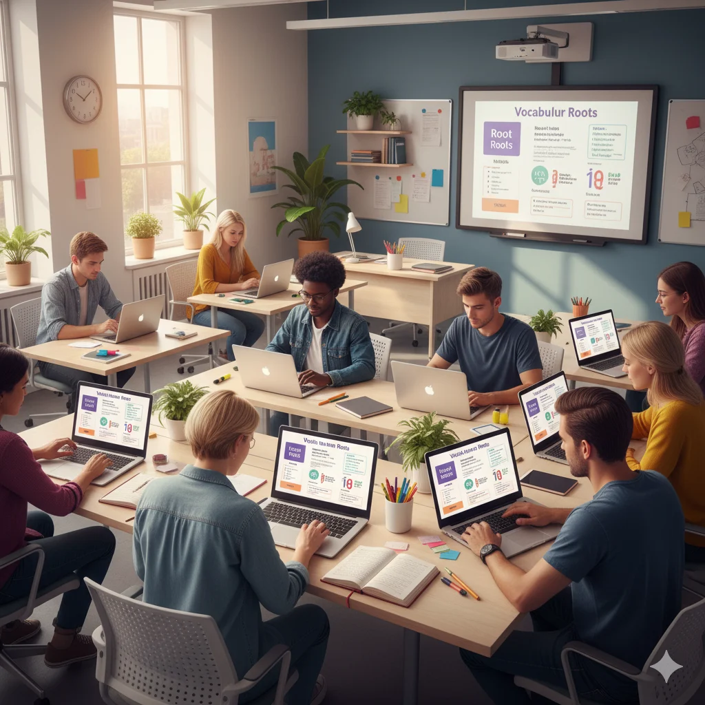 Students learning vocabulary roots with bel highlighted.