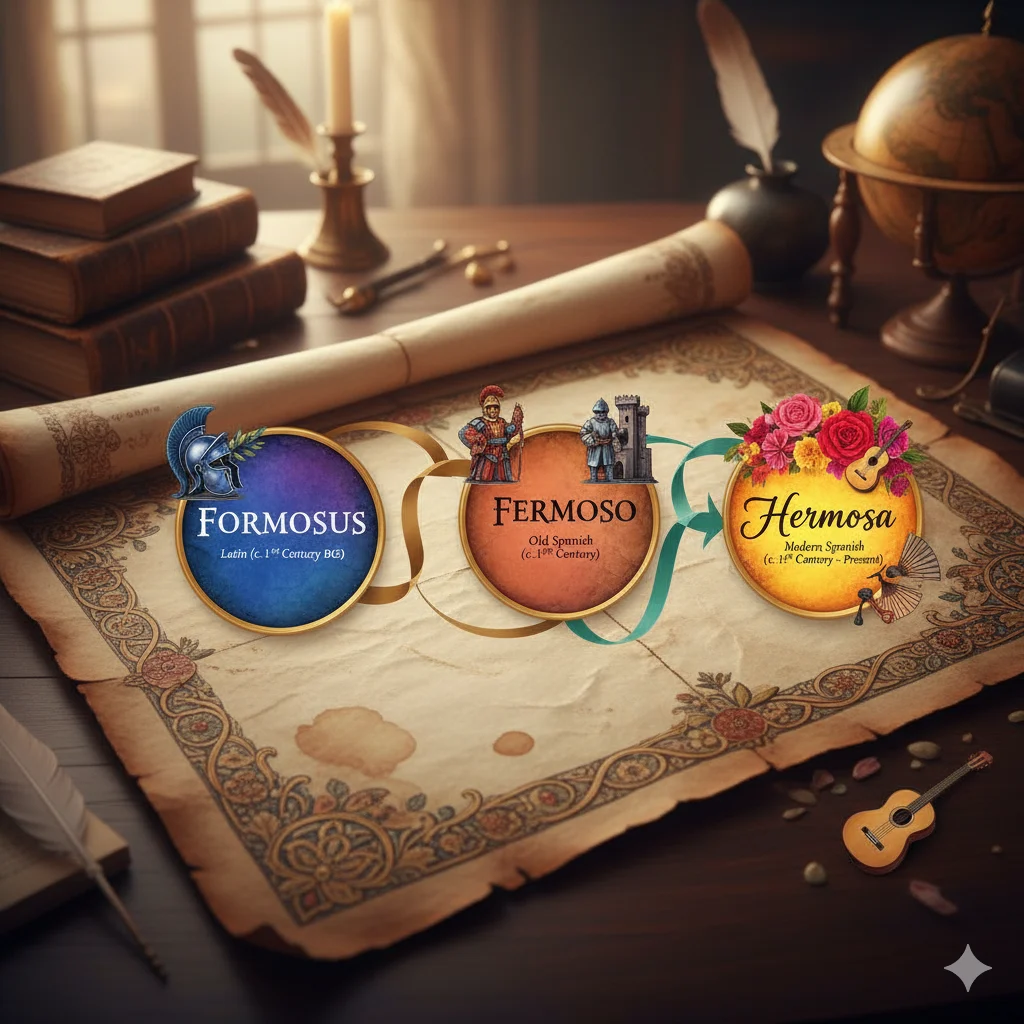 Timeline illustration showing the historical evolution of the word hermosa from Latin to modern Spanish.