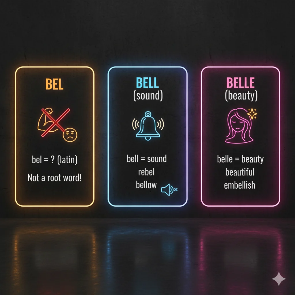 Comparison chart showing differences between bel, bell, and belle.