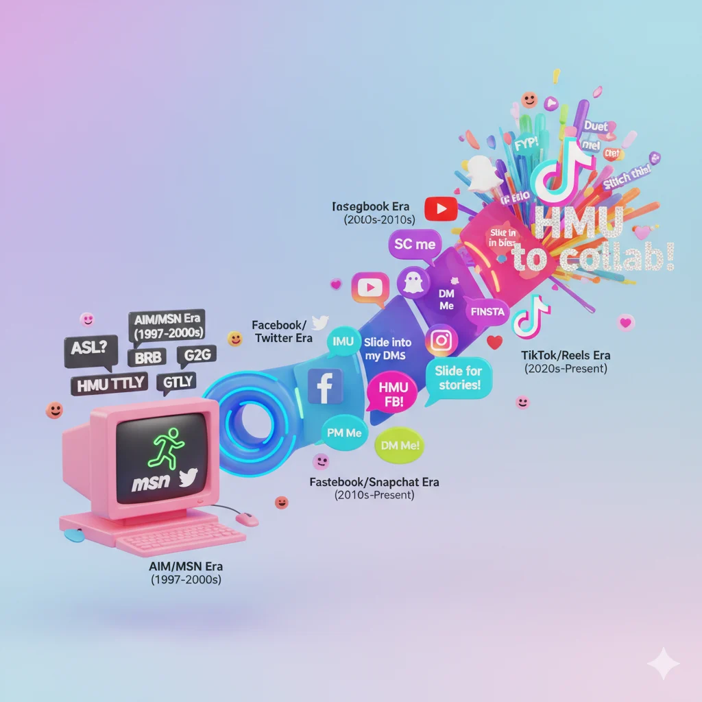 Timeline of HMU slang meaning and history for the article “What Does HMU Mean in Text.