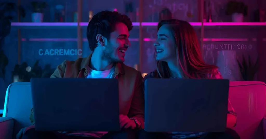 A smiling young couple flirting over laptops in a tech café with coding screens and algorithm symbols glowing softly in the background, representing tech-inspired romance.