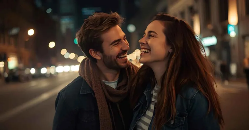 A happy couple laughing together in a city at night with cinematic lighting, representing fun and confident energy inspired by superhero themes.
